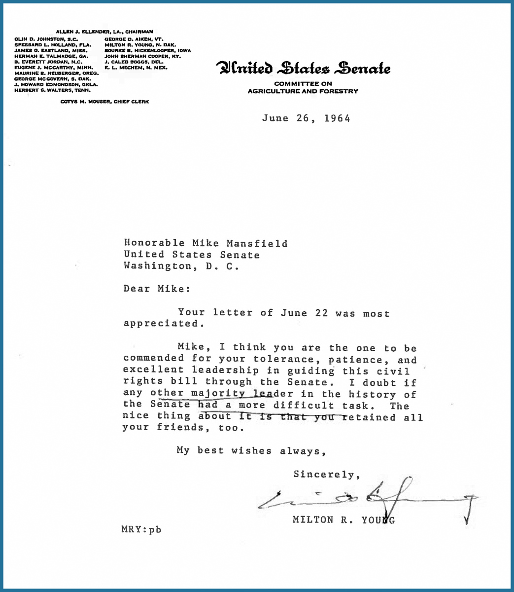 Senator Milton Young’s letter about the Civil Rights Act