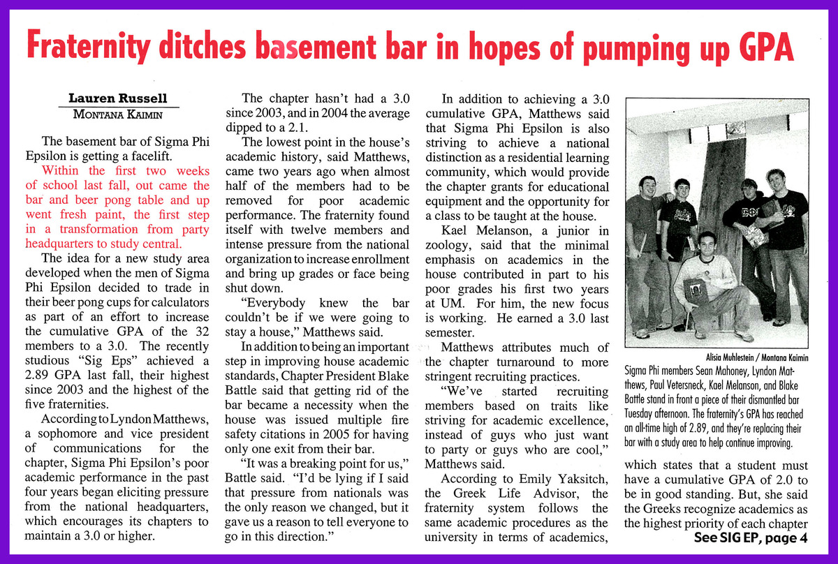 Fraternity ditches basement bar in hopes of pumping up GPA, page 1 and page 4<br />
