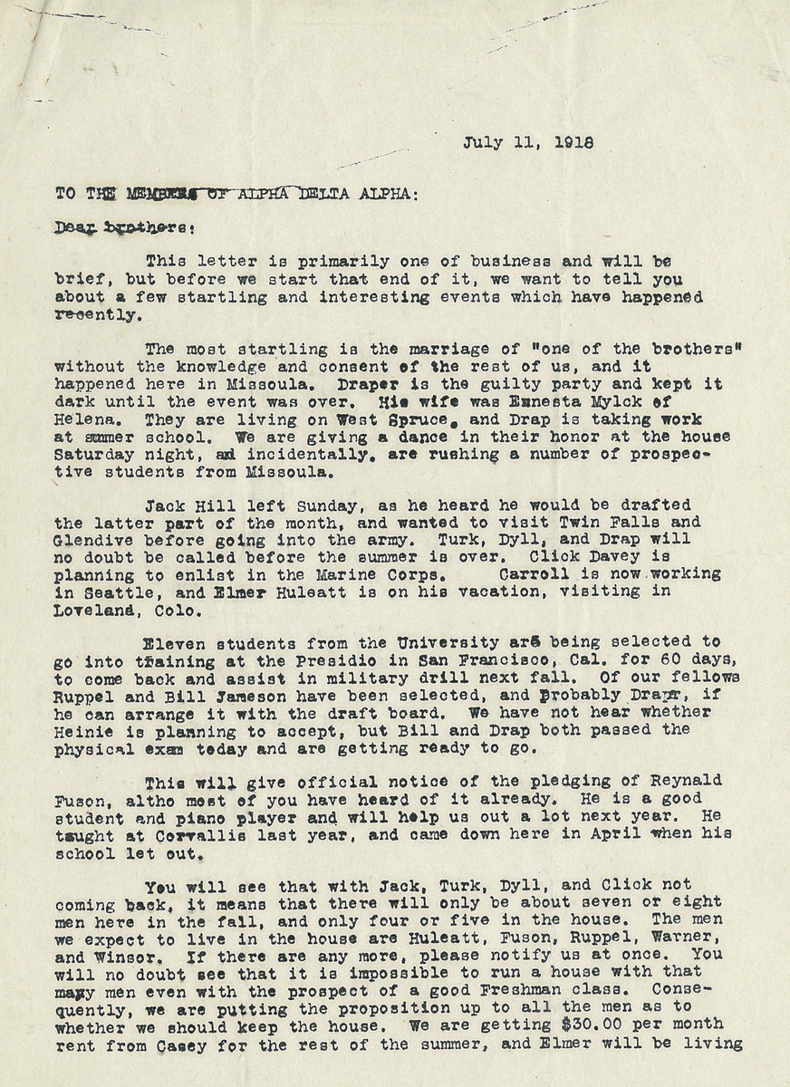 Letter to Men of Alpha Delta Alpha from Click<br />
