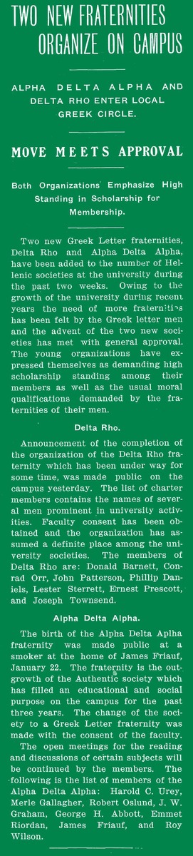Two New Fraternities Organize on campus, page 1<br />
