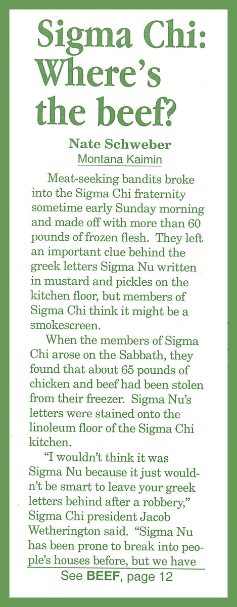 Sigma Chi: Where's the beef?, page 1 and page 12<br />
