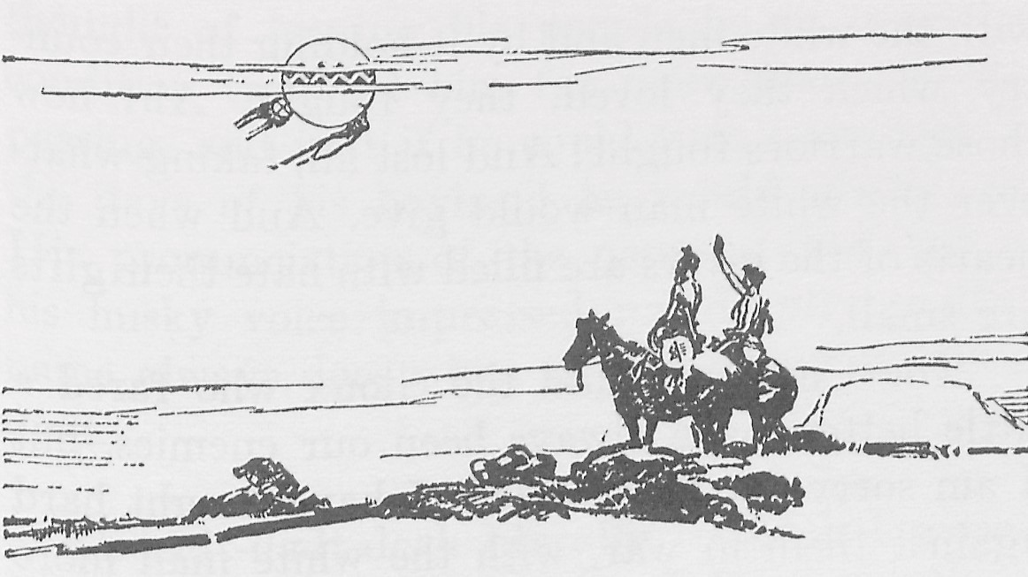 Black and white illustration of two Crow men seated on horses and looking at a sunshield in the sky. 