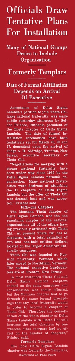 Theta Chi Accepts Petition of Montana DSL Chapter, page 1 and page 4<br />

