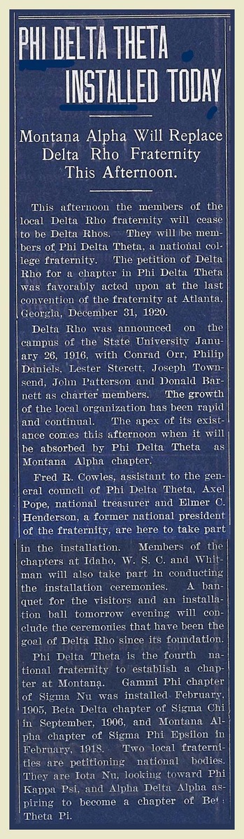 Phi Delta Theta Installed Today, page 1<br />
