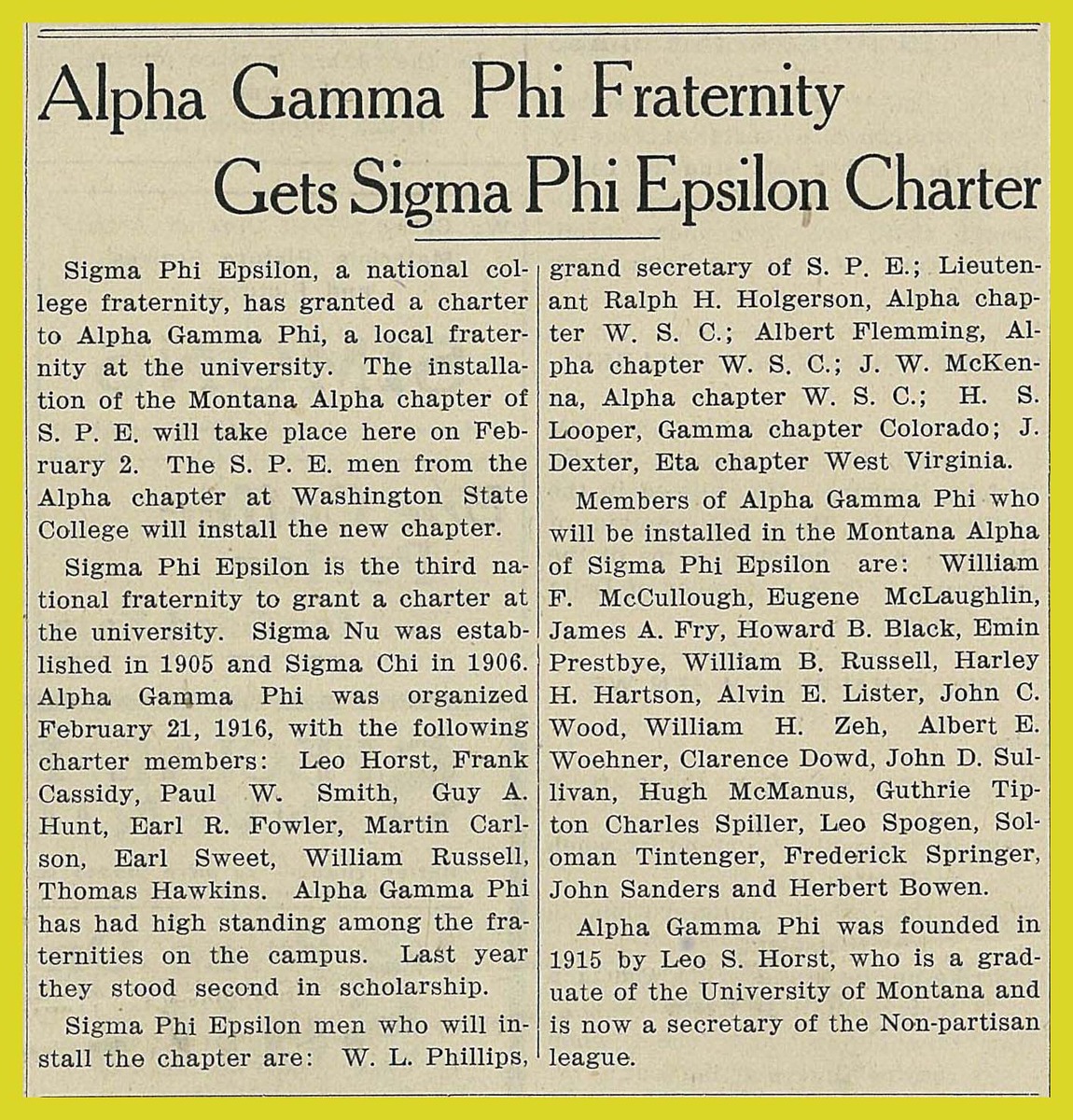 Alpha Gamma Phi Fraternity Gets Sigma Phi Epsilon Charter, page 1<br />
