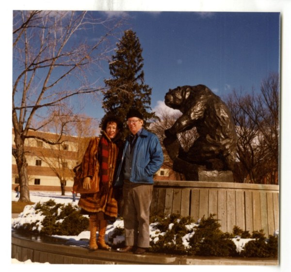 Patricia Goedicke and Leonard Wallace Robinson at Grizzly statue from photo album circa 1910-1983.jpg