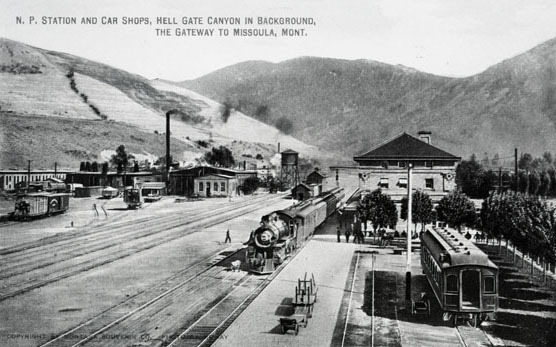 Northern Pacific station and car shops in Missoula 