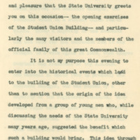 Dedication of the Student Union Building, Speech, page 1.