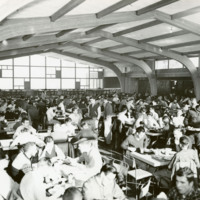 Students eating in the Cascade Room of the Lodge.