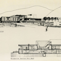 Perspective drawing of University Center and sectional of mall.