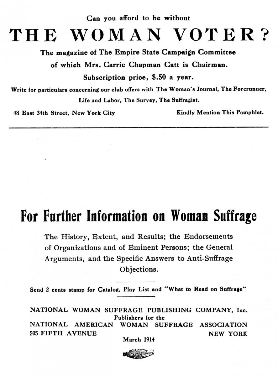The Biological Argument Against Woman Suffrage, National Woman Suffrage Publishing Company, 1914. James Watson Gerard Papers, Mss 45 The Biological Argument Against Woman Suffrage, National Woman Suffrage Publishing Company, 1914. James Watson Gerard Papers, Mss 45