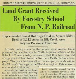 "Land Grant Received By Forestry School From N.P. Railroad," Kaimin, September 30, 1938