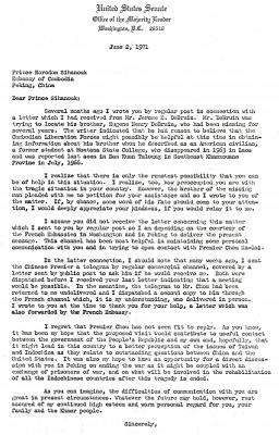 Letter from Senator Mike Mansfield to Prince Norodom Sihanouk, June 2, 1971