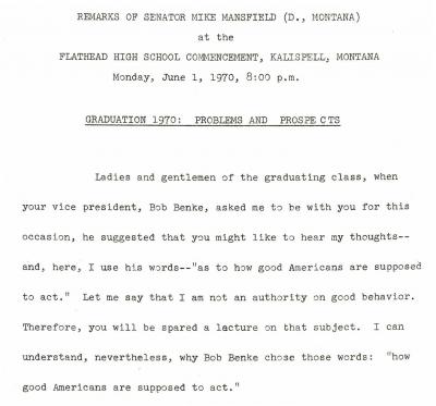 Remarks of Senator Mike Mansfield at Flathead High School Commencement, June 1, 1970