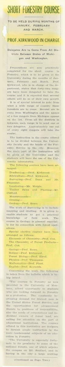 "Short Forestry Course," Kaimin, December 16, 1909