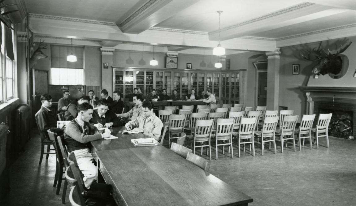 Students meeting in Forestry Club Room in Forestry Building, Mss 249, Rollin H. McKay Photographs, 94.1835