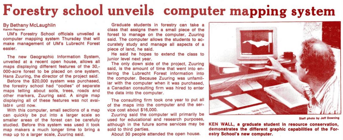 "Forestry School unveils computer mapping system," Kaimin, April 11, 1989