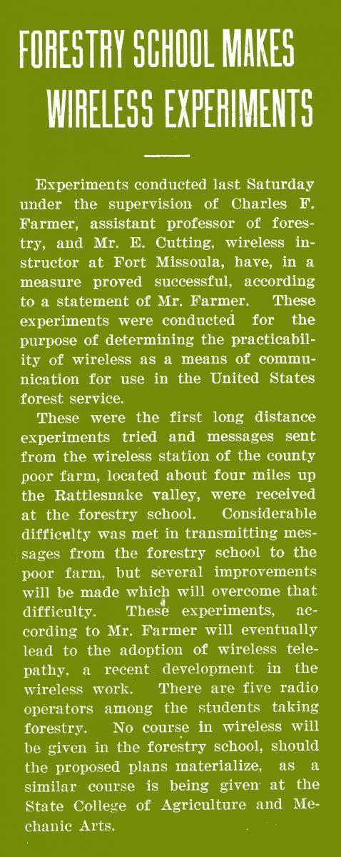 "Forestry School Makes Wireless Experiments," Kaimin, April 18, 1919