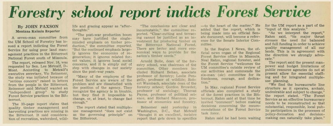 "Forestry School Report Indicts Forest Service," Kaimin, December 1, 1970