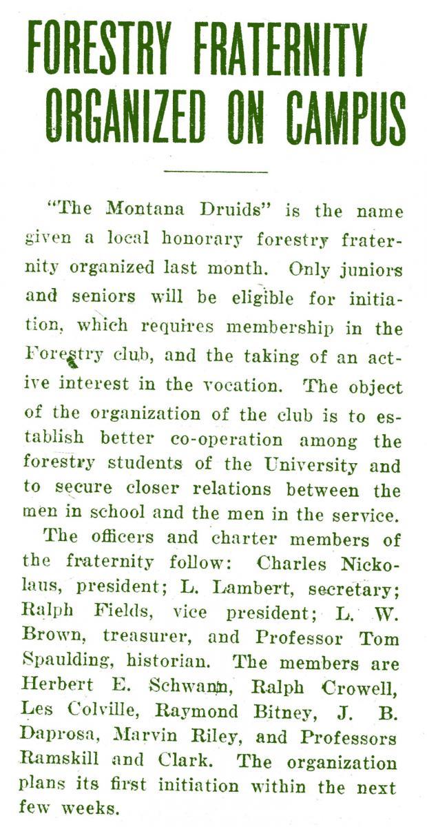 "Forestry Fraternity Organized on Campus," Kaimin, February 12, 1924