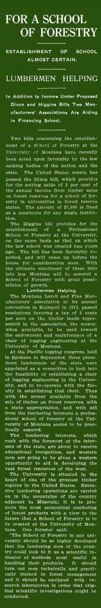 "For a School of Forestry," Kaimin, February 13, 1913