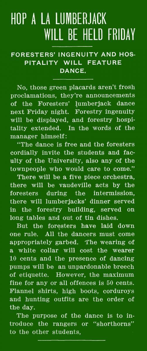 "Hop A La Lumberjack Will Be Held Friday," Kaimin, February 15, 1916