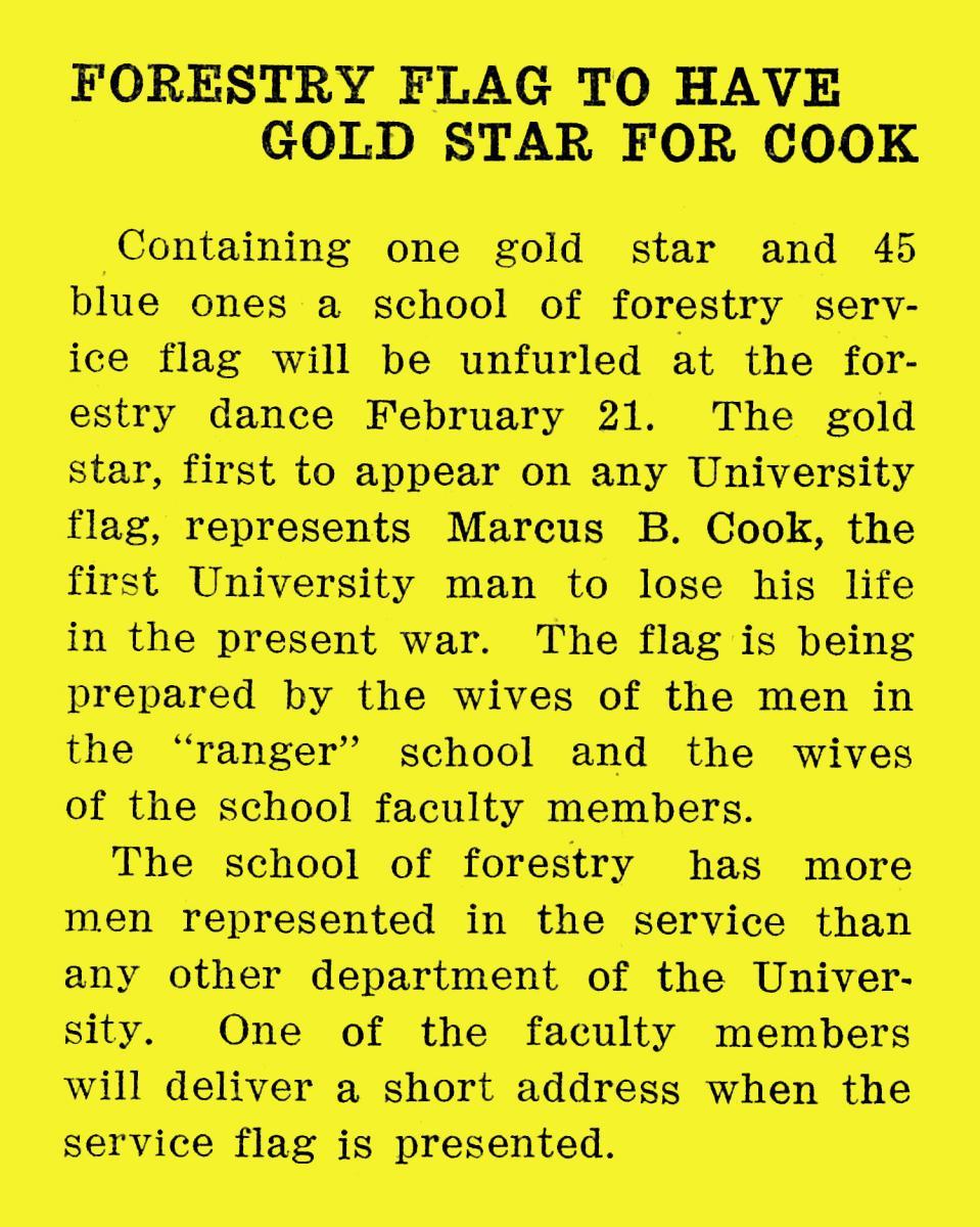 "Forestry Flag to Have Gold Star for Cook," Kaimin, February 15, 1918