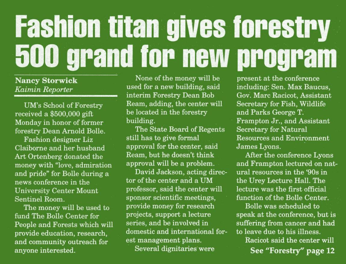 "Fashion titan gives forestry 500 grand for new program," Kaimin, February 15, 1994