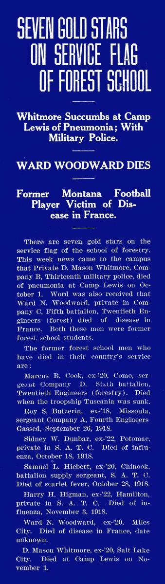 "Seven Gold Stars on Service Flag of Forest School," Kaimin, November 14, 1918