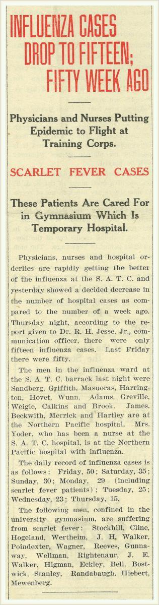 "Influenza Cases Drop to Fifteen; Fifty Week Ago," Kaimin, October 25, 1918