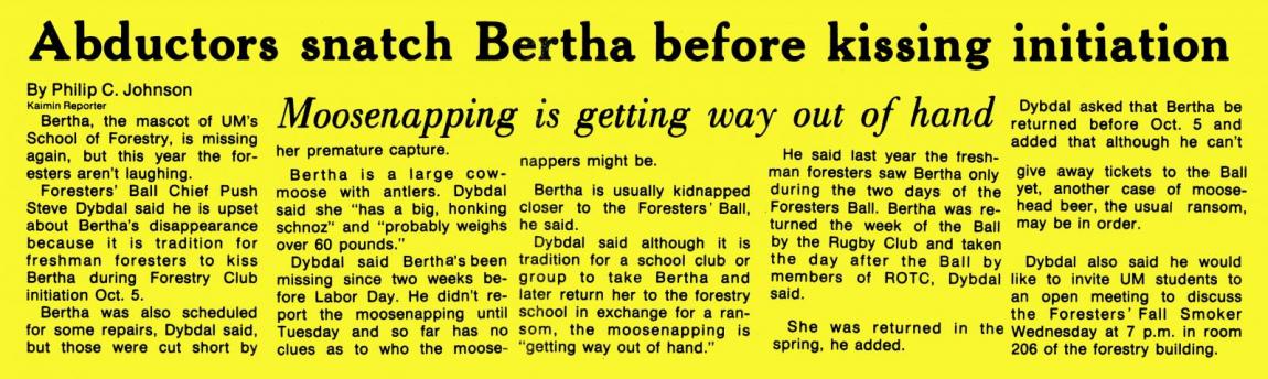 "Abductors snatch Bertha before kissing initiation," Kaimin, September 28, 1988