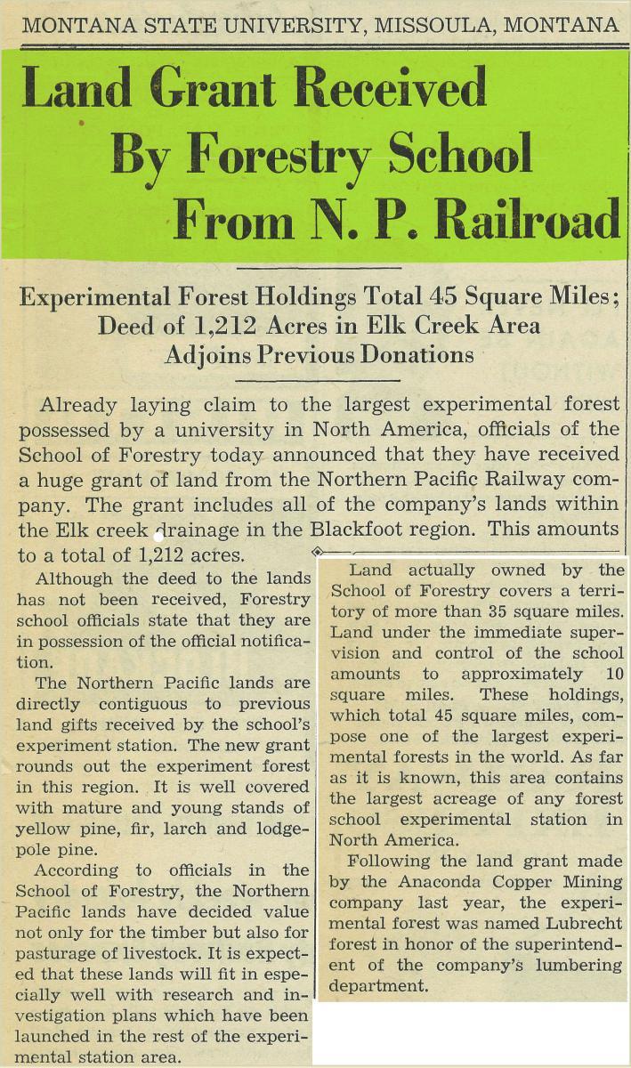 "Land Grant Received By Forestry School From N.P. Railroad," Kaimin, September 30, 1938