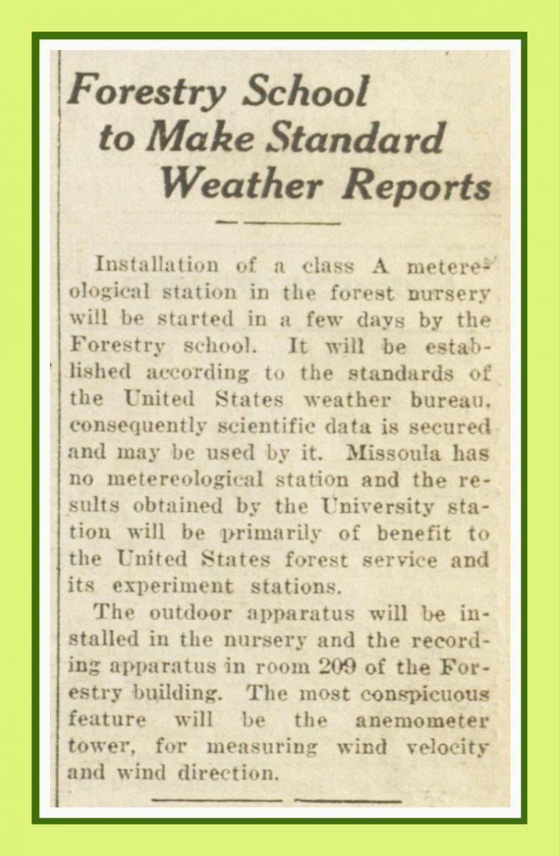 "Forestry School to Make Standard Weather Reports," Kaimin, December 1, 1925